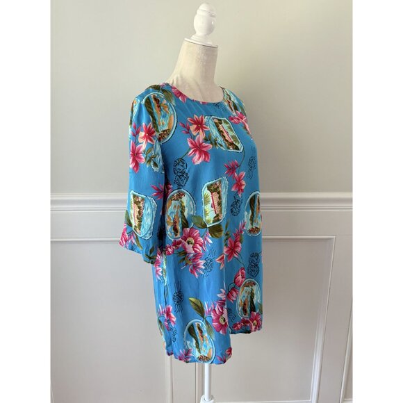 Silx 100% Silk Hawaiian Print Short Sleeve Tunic Top Size M - Picture 3 of 5